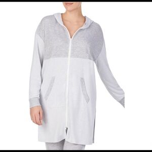 Refinery29 Grey White Double Knit Mid Thigh Zip Front Hoodie Jacket Size Small